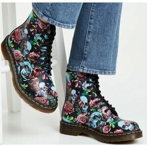 Dr Martens 1460 Pascal Rose Black Leather White Skulls Combat Ankle Boots 36 /5